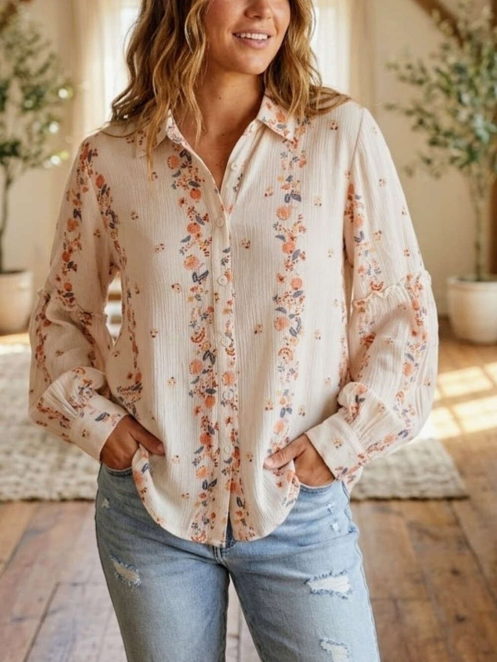 ANDREE BY UNIT Cream Peach Floral Button-Down Blouse
